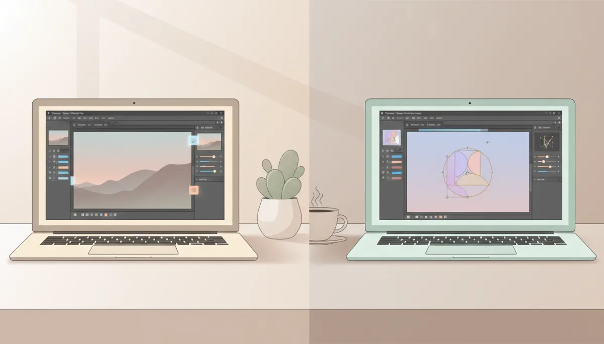 Side-by-side use of Photoshop for photo editing and Illustrator for logo design in a professional office