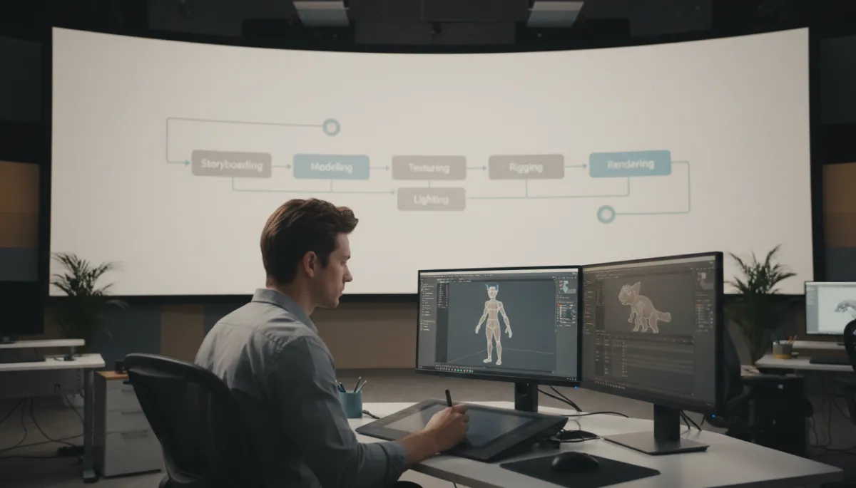 Professional 3D animation pipeline overview with artist adjusting a character rig