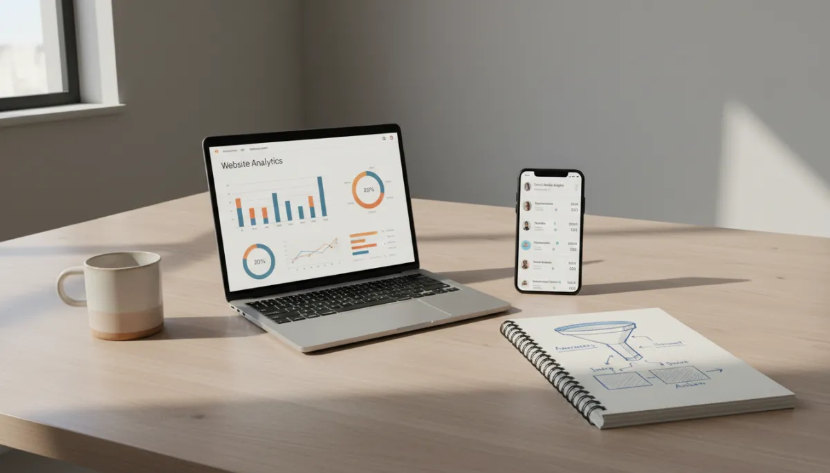 Workspace showing digital marketing analytics and planning notes