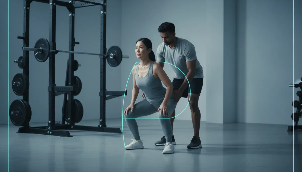 Coach guiding a middle-aged parent through safe squat technique