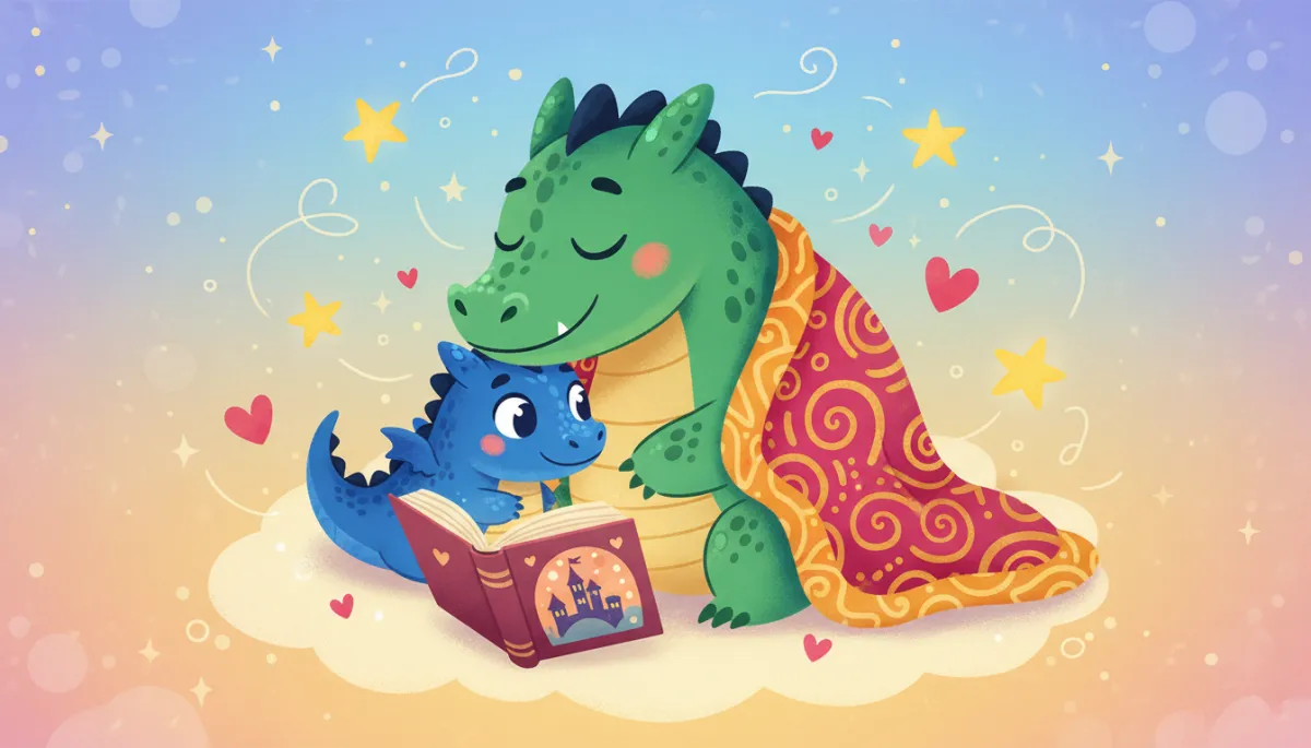 Illustrated dragon family reading a comforting story together about illness and love Illustrated dragon family reading a comforting story together about illness and love