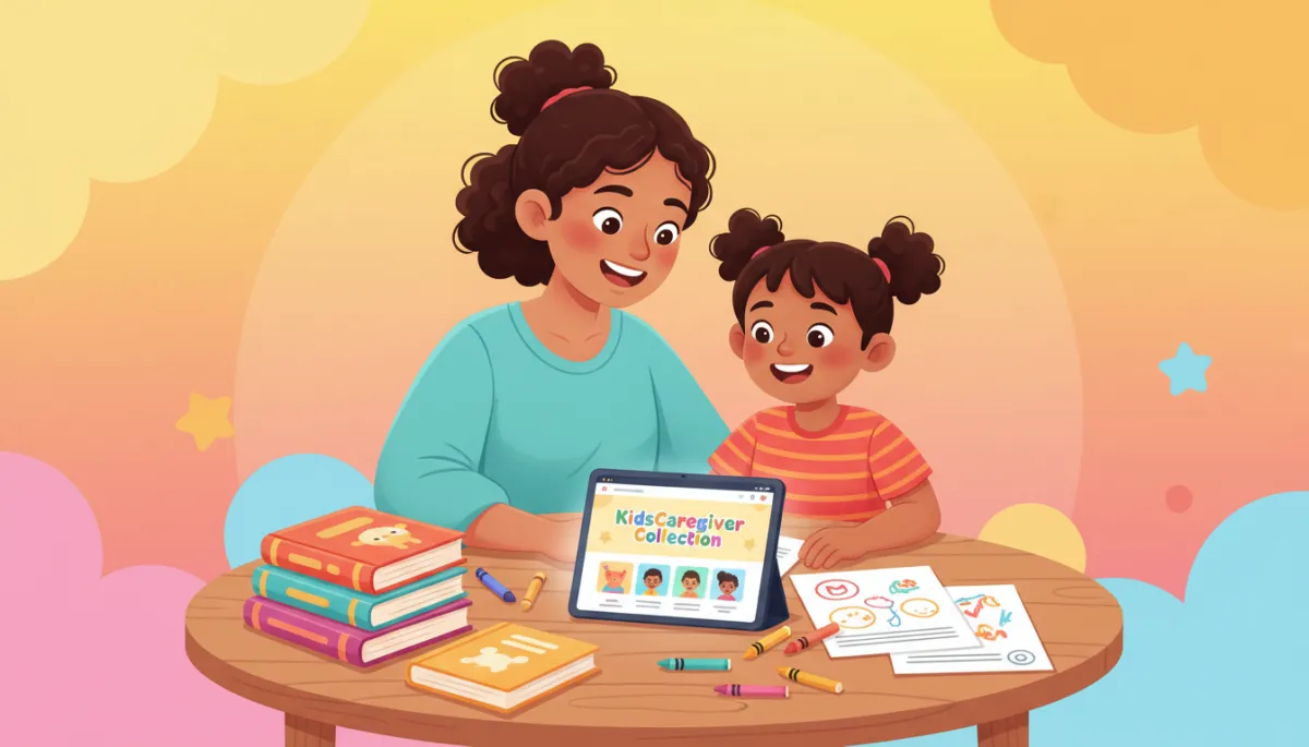Caregiver and child using caregiving books and online resources together Caregiver and child using caregiving books and online resources together