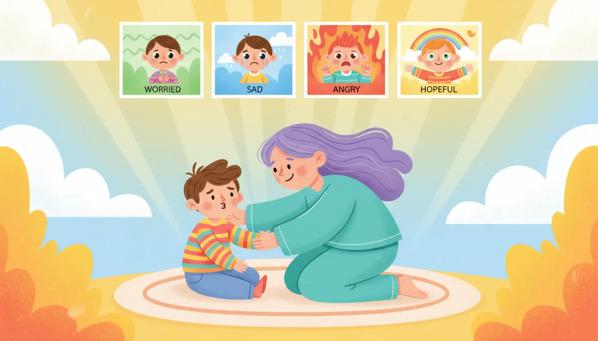 Illustration of a caregiver comforting a child experiencing many emotions about illness Illustration of a caregiver comforting a child experiencing many emotions about illness