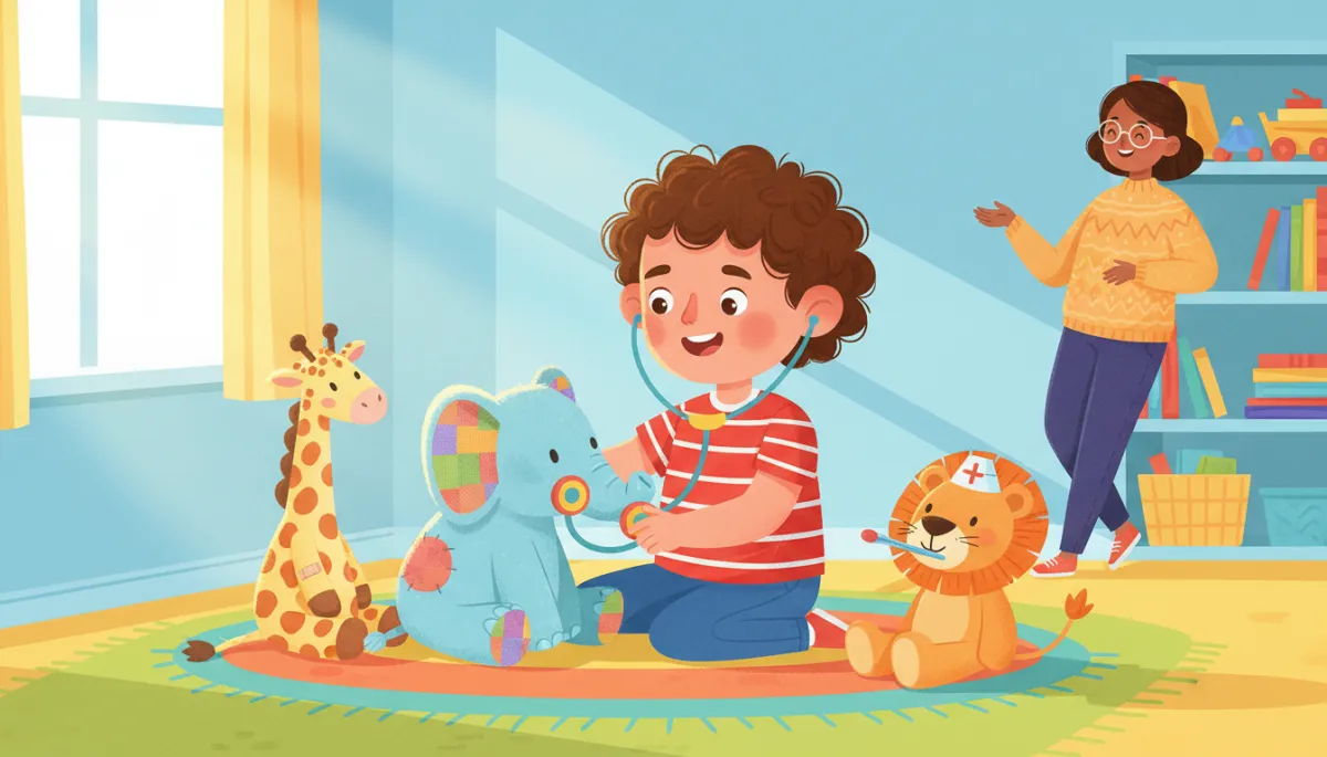 Child playing doctor with stuffed animals while caregiver supports and listens Child playing doctor with stuffed animals while caregiver supports and listens