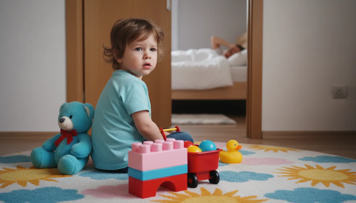 Worried child sitting on the floor while a parent rests in the bedroom Worried child sitting on the floor while a parent rests in the bedroom