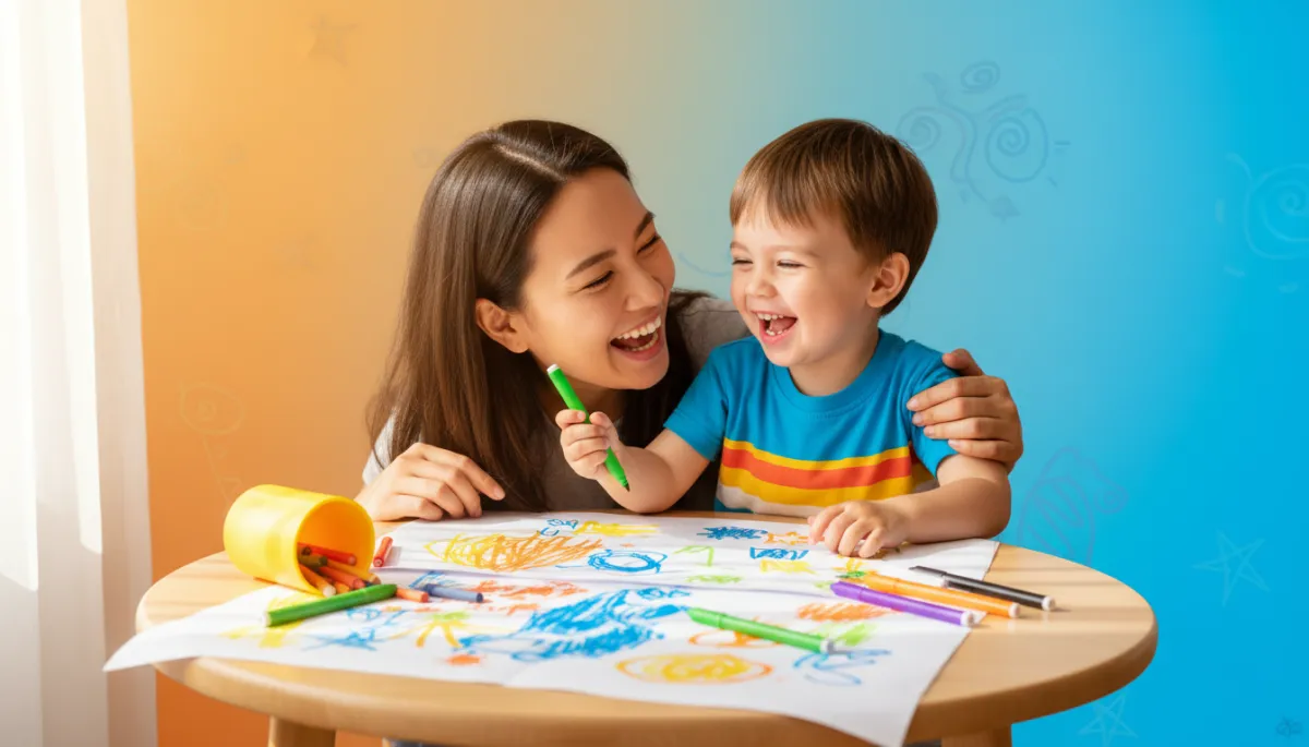 Caregiver and child sharing a lighthearted drawing moment at the kitchen table Caregiver and child sharing a lighthearted drawing moment at the kitchen table