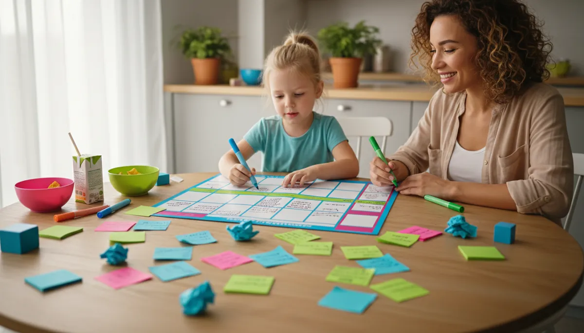 Caregiver and child updating a colorful weekly family routine chart Caregiver and child updating a colorful weekly family routine chart