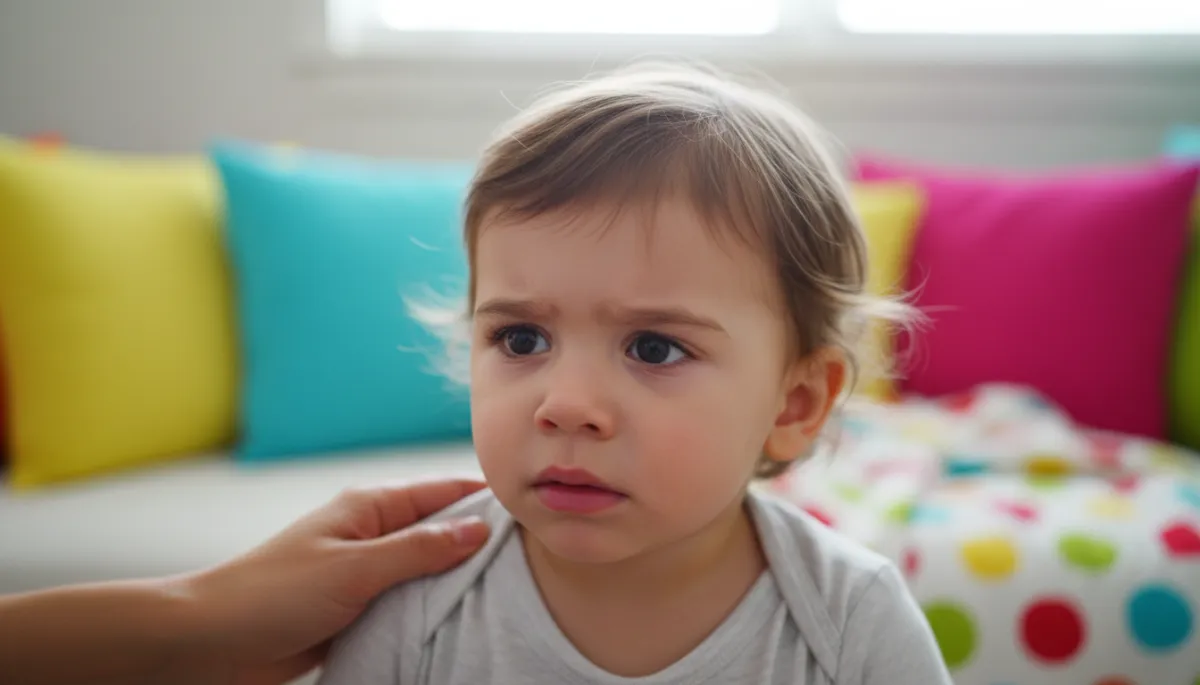 Worried child being comforted by a caregiver’s gentle hand on their shoulder