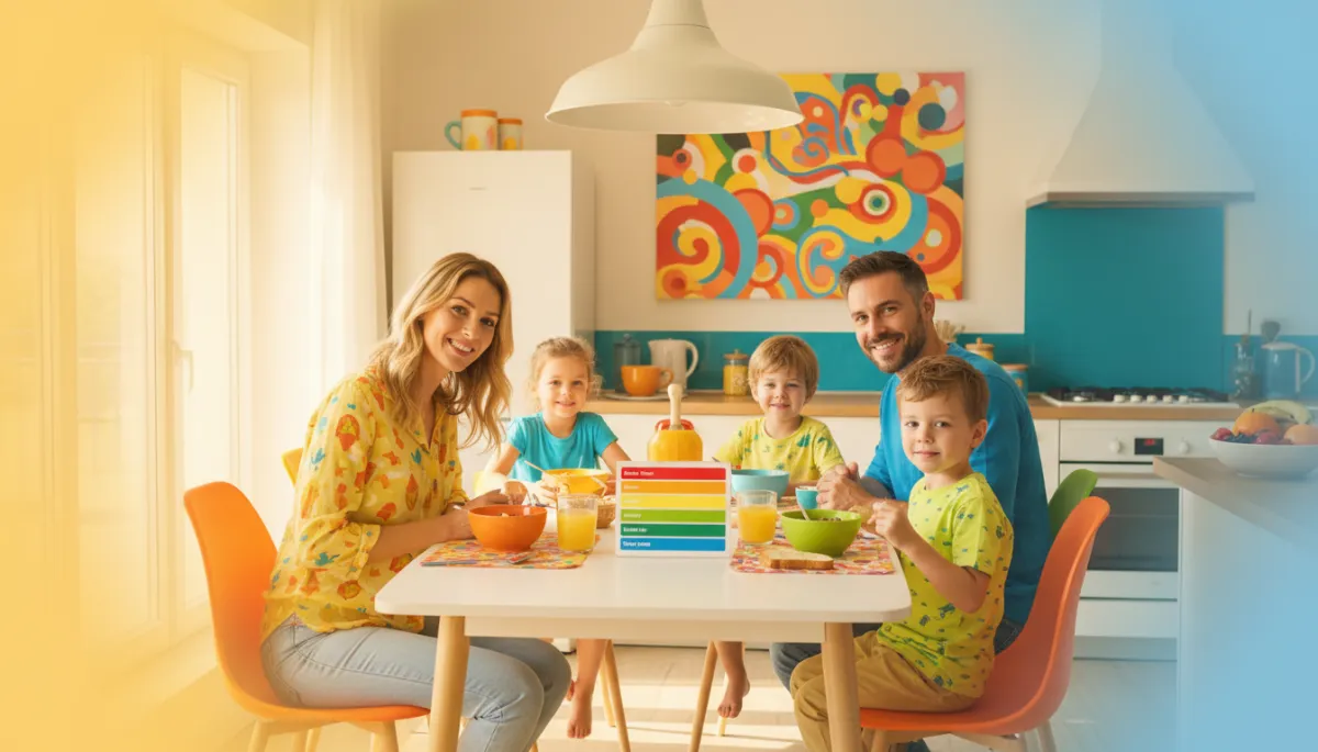 Family at breakfast with a color zones feelings chart on the table