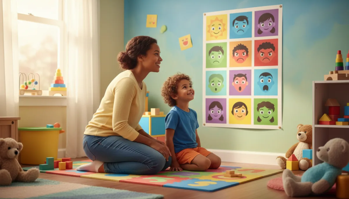 Caregiver and child smiling while looking at a colorful emotion poster in a playroom