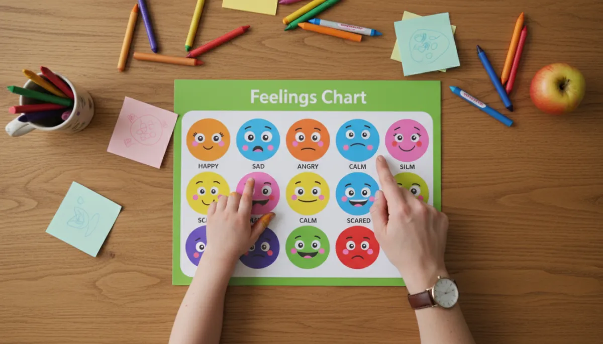 Caregiver and child using a colorful laminated feelings chart at a kitchen table
