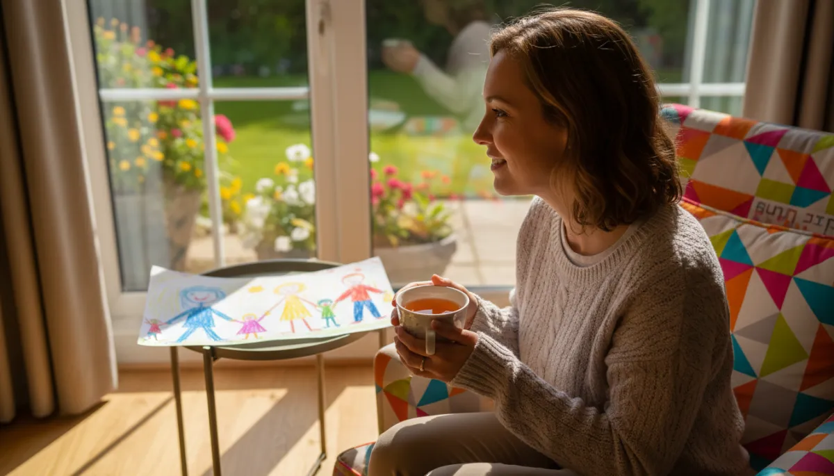 Caregiver resting with tea beside a child’s colorful family drawing Caregiver resting with tea beside a child’s colorful family drawing