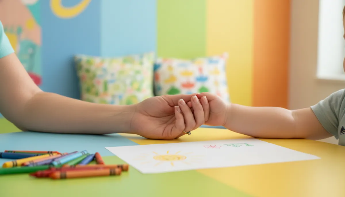 Caregiver holding a child’s hand near crayons and a drawing in a hospital family room Caregiver holding a child’s hand near crayons and a drawing in a hospital family room