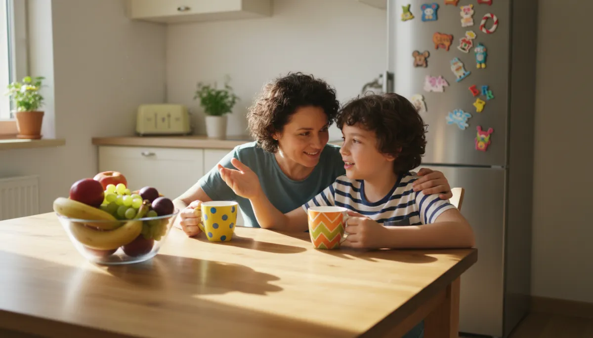 Preteen talking with a caregiver at a colorful kitchen table Preteen talking with a caregiver at a colorful kitchen table