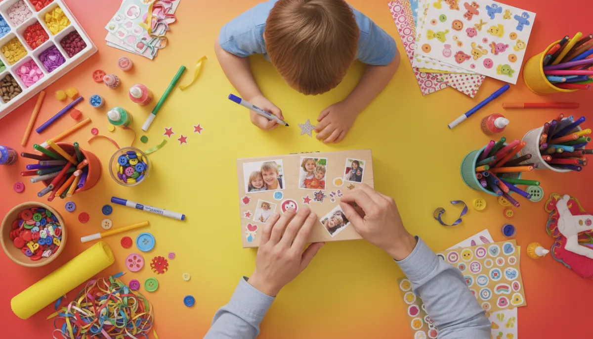 Child and caregiver decorating a colorful memory box together Child and caregiver decorating a colorful memory box together