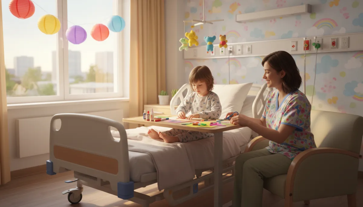 photorealistic long-term pediatric hospital room with child sitting up in bed doing a craft activity with a caregiver, colorful paper and markers on tray table, window with bright daylight and playful brights decorations photorealistic long-term pediatric hospital room with child sitting up in bed doing a craft activity with a caregiver, colorful paper and markers on tray table, window with bright daylight and playful brights decorations
