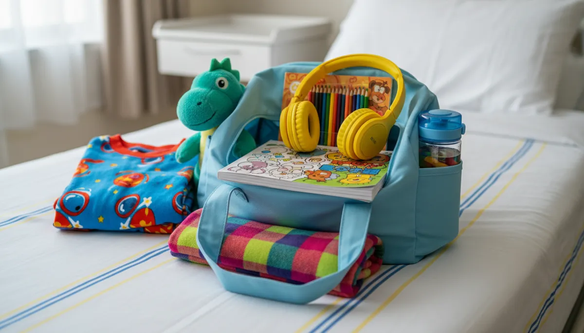 photorealistic close-up of an open hospital bag on a bright bed, neatly packed with a child’s pajamas, stuffed animal, coloring book, headphones, and a water bottle, playful brights color accents photorealistic close-up of an open hospital bag on a bright bed, neatly packed with a child’s pajamas, stuffed animal, coloring book, headphones, and a water bottle, playful brights color accents