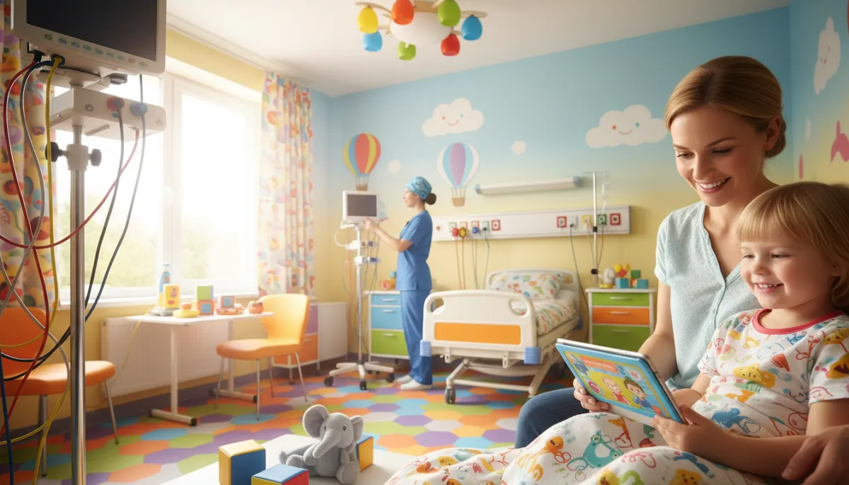 photorealistic pediatric hospital room where caregiver sits beside child on bed, both smiling and looking at a tablet together, nurse in background adjusting equipment, bright playful brights color accents photorealistic pediatric hospital room where caregiver sits beside child on bed, both smiling and looking at a tablet together, nurse in background adjusting equipment, bright playful brights color accents