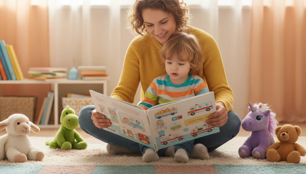 photorealistic scene of parent and young child sitting on colorful bedroom rug, reading a hospital-themed picture book together, soft playful brights color palette, stuffed animals around them photorealistic scene of parent and young child sitting on colorful bedroom rug, reading a hospital-themed picture book together, soft playful brights color palette, stuffed animals around them