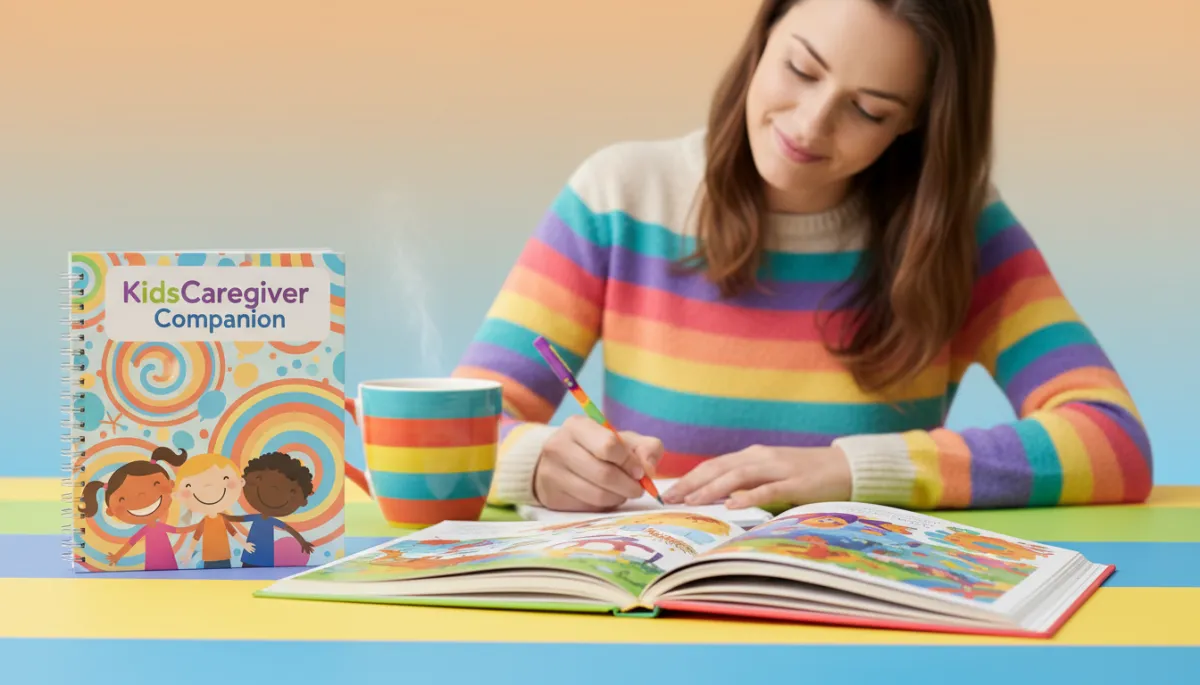 Caregiver using a guidebook alongside a children's storybook at the kitchen table Caregiver using a guidebook alongside a children's storybook at the kitchen table