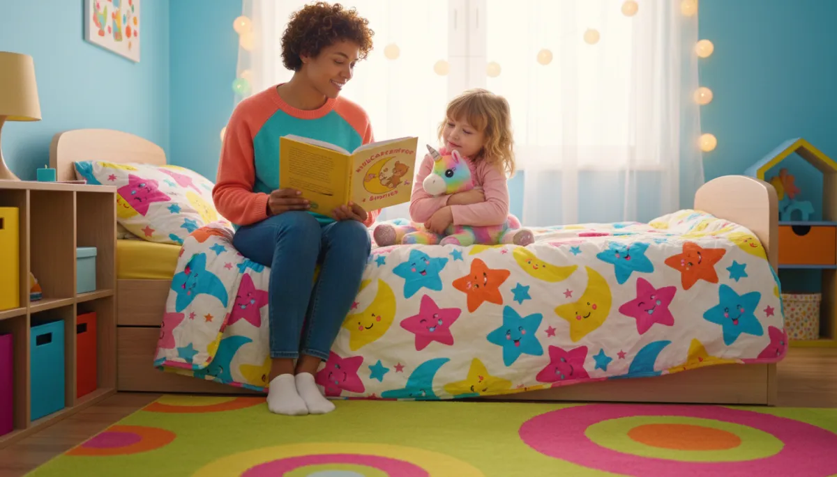 Caregiver reading a comforting bedtime story to a child Caregiver reading a comforting bedtime story to a child