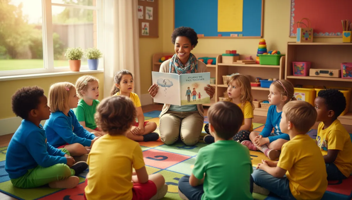 Children gathered in a classroom circle listening to a story about families Children gathered in a classroom circle listening to a story about families
