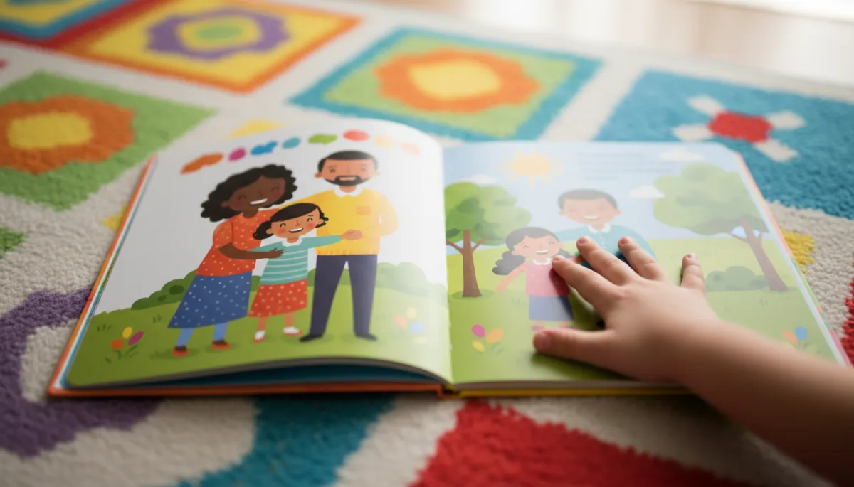 Child's hand resting on an illustrated family scene in a storybook Child's hand resting on an illustrated family scene in a storybook
