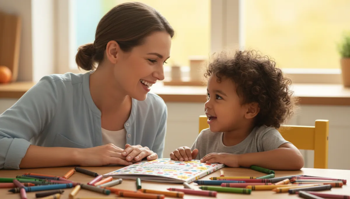 Caregiver and child using a guided companion booklet together at a kitchen table