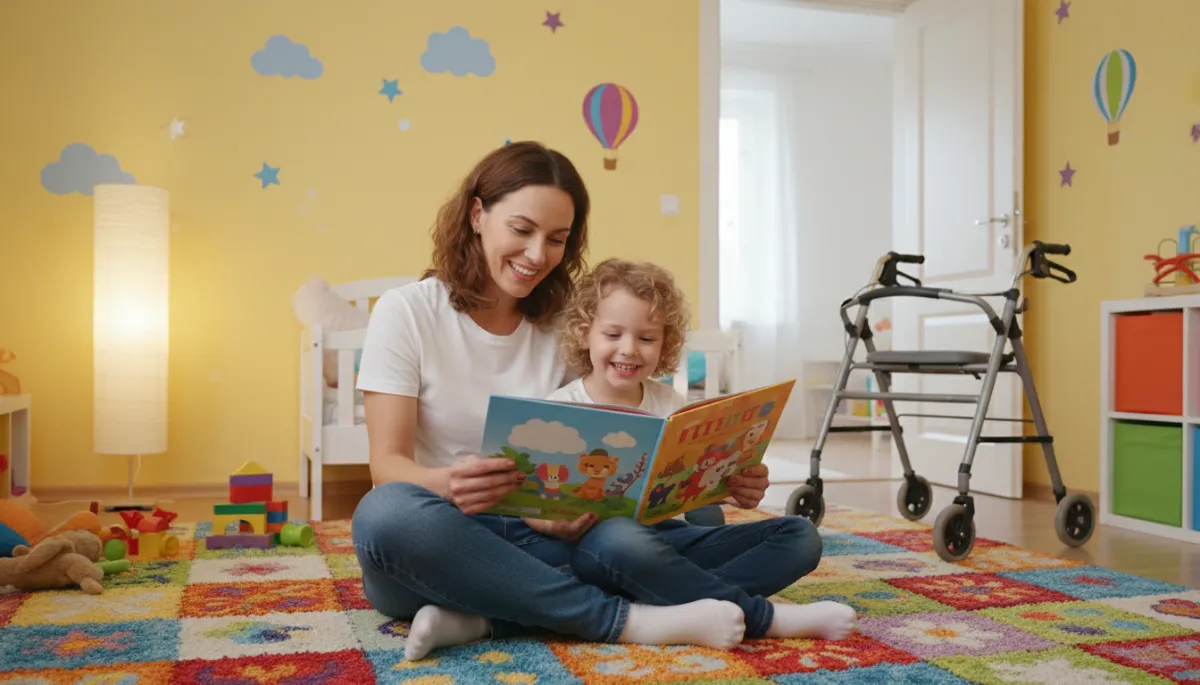 Caregiver reading a bedtime story with a child on a colorful bedroom rug