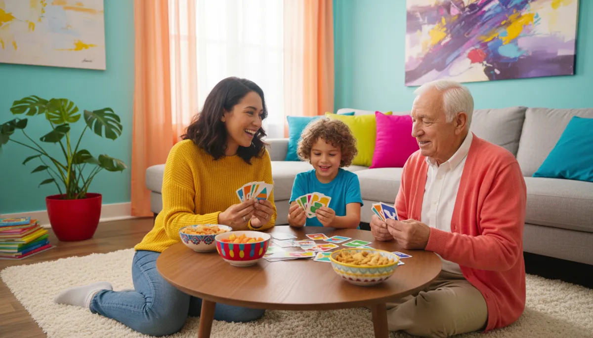 Caregiver, child, and elderly relative playing a simple game together