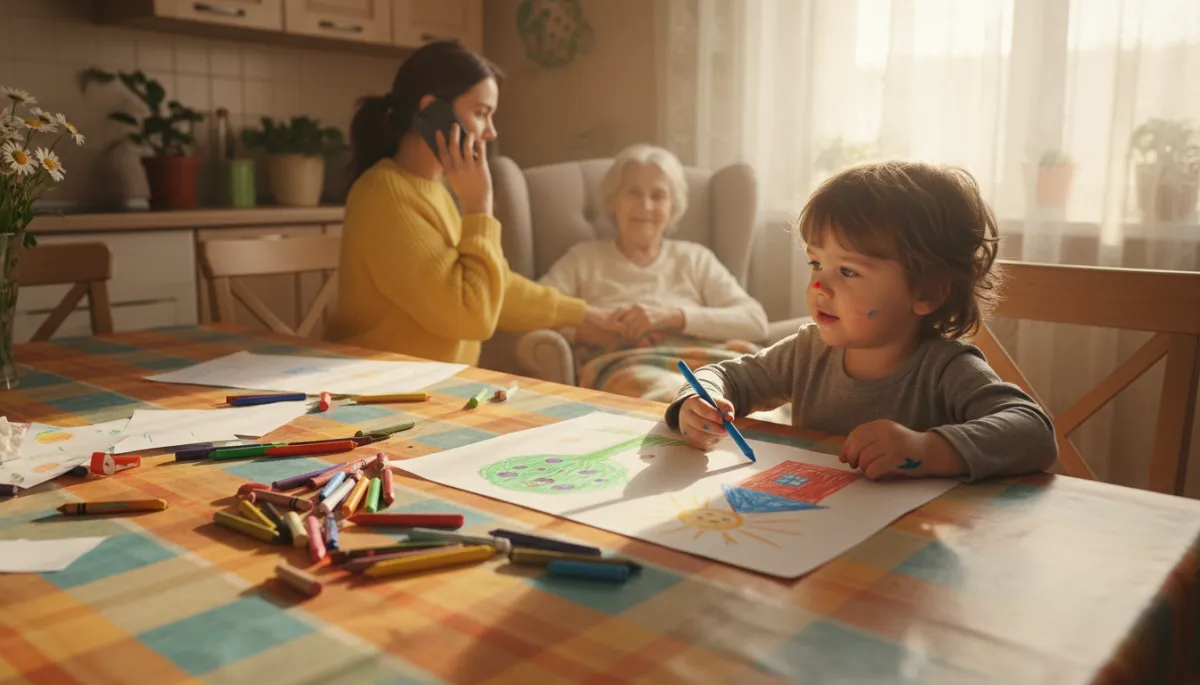 Child looking toward a busy caregiver while drawing at a kitchen table