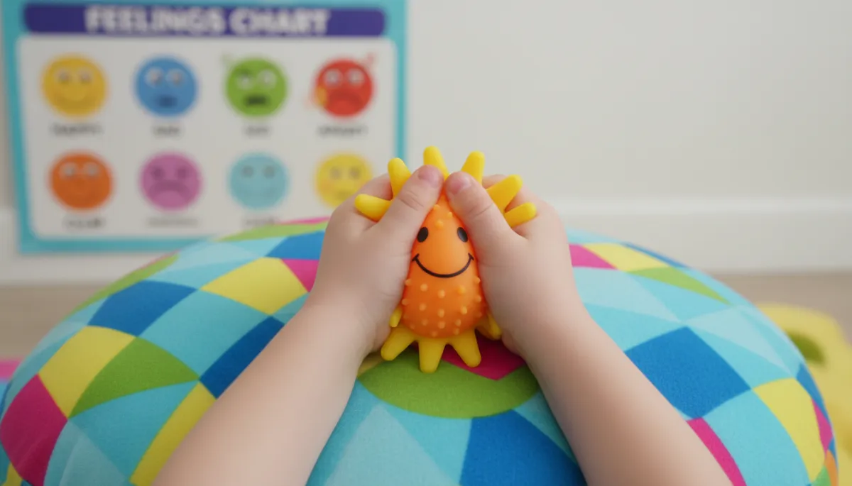 Child using a stress ball while sitting in a calm corner Child using a stress ball while sitting in a calm corner