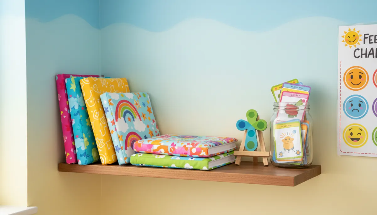 Shelf with faith-filled books and feelings chart in a calm corner Shelf with faith-filled books and feelings chart in a calm corner