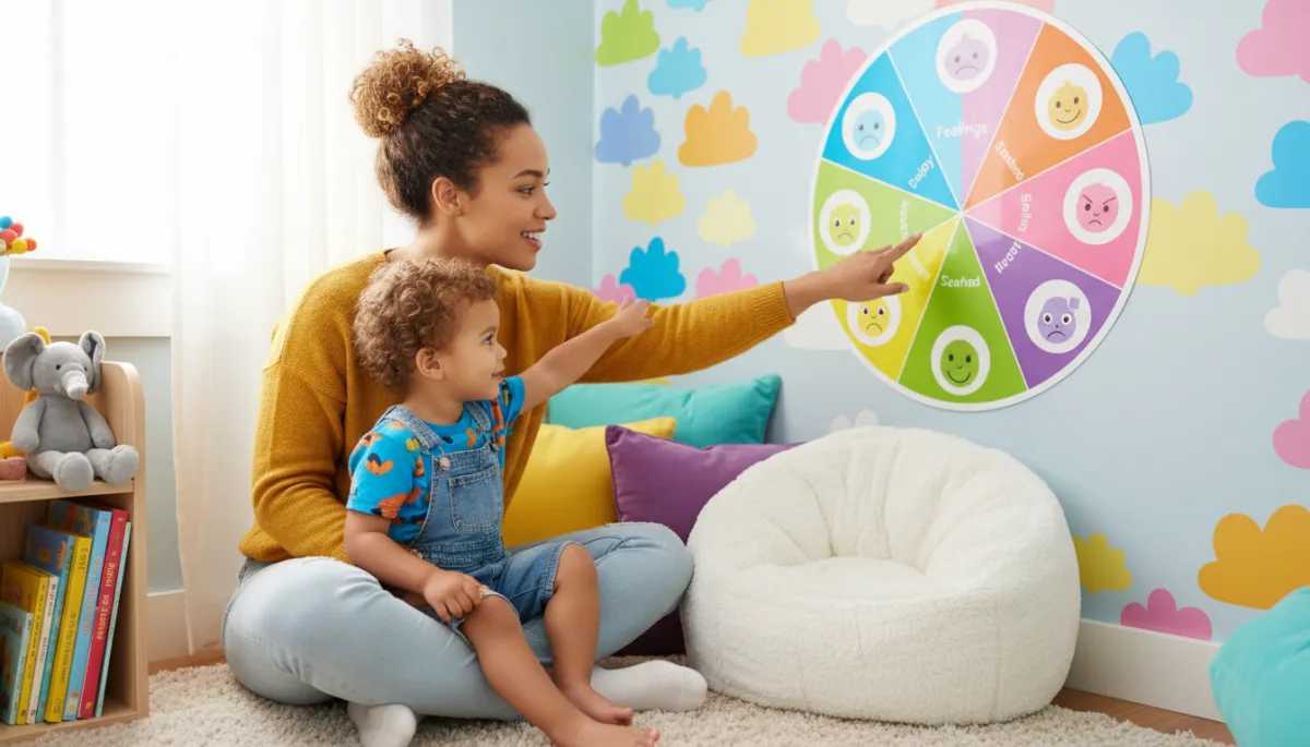 Caregiver and child using a feelings chart in the calm corner Caregiver and child using a feelings chart in the calm corner
