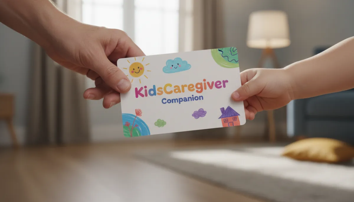 Adult and child holding a KidsCaregiver Companion card together Adult and child holding a KidsCaregiver Companion card together