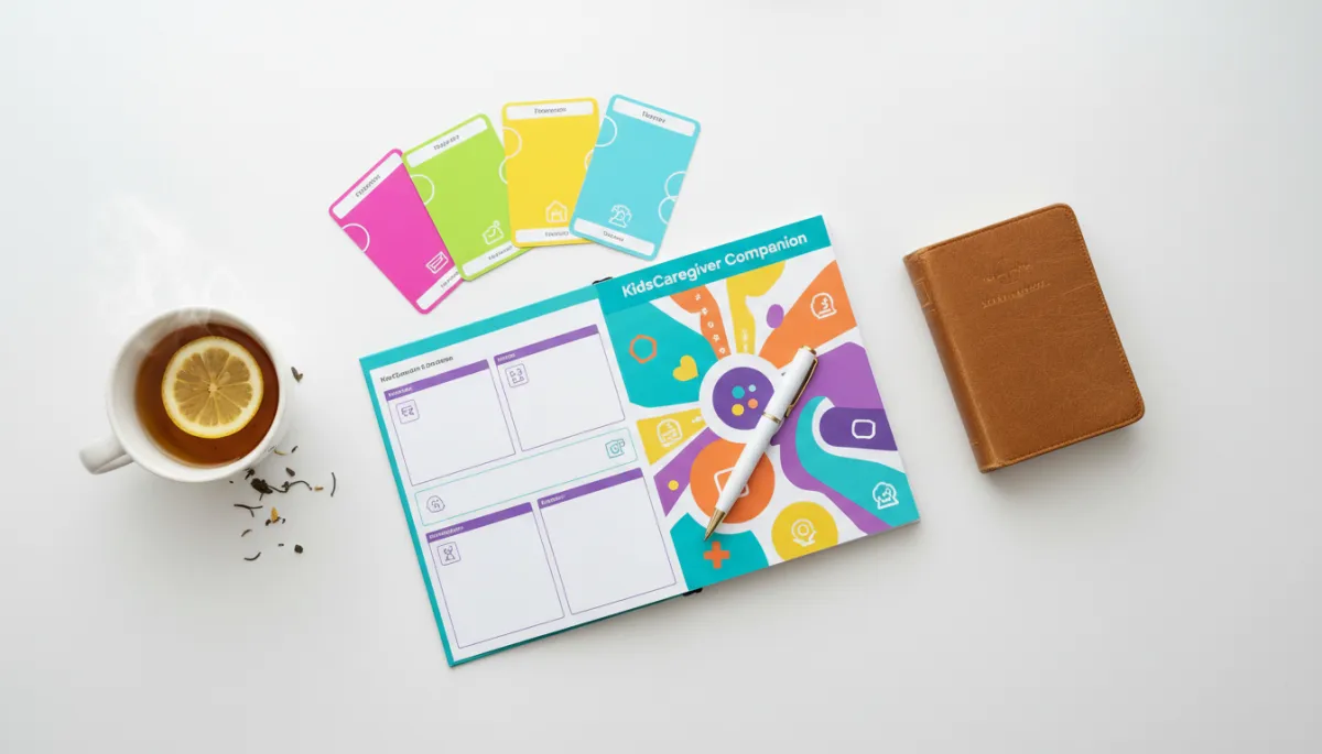 KidsCaregiver Companion booklet and cards arranged on a bright desk with a Bible and tea KidsCaregiver Companion booklet and cards arranged on a bright desk with a Bible and tea