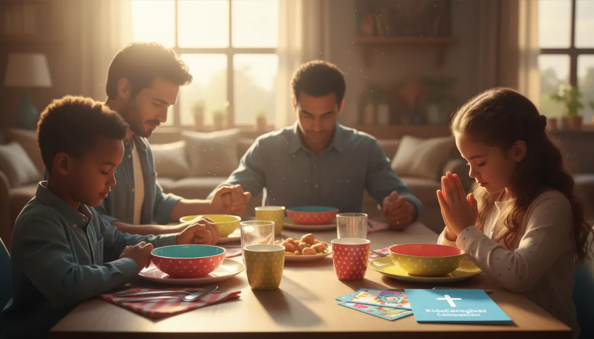 Family praying together at dinner table with KidsCaregiver Companion nearby Family praying together at dinner table with KidsCaregiver Companion nearby