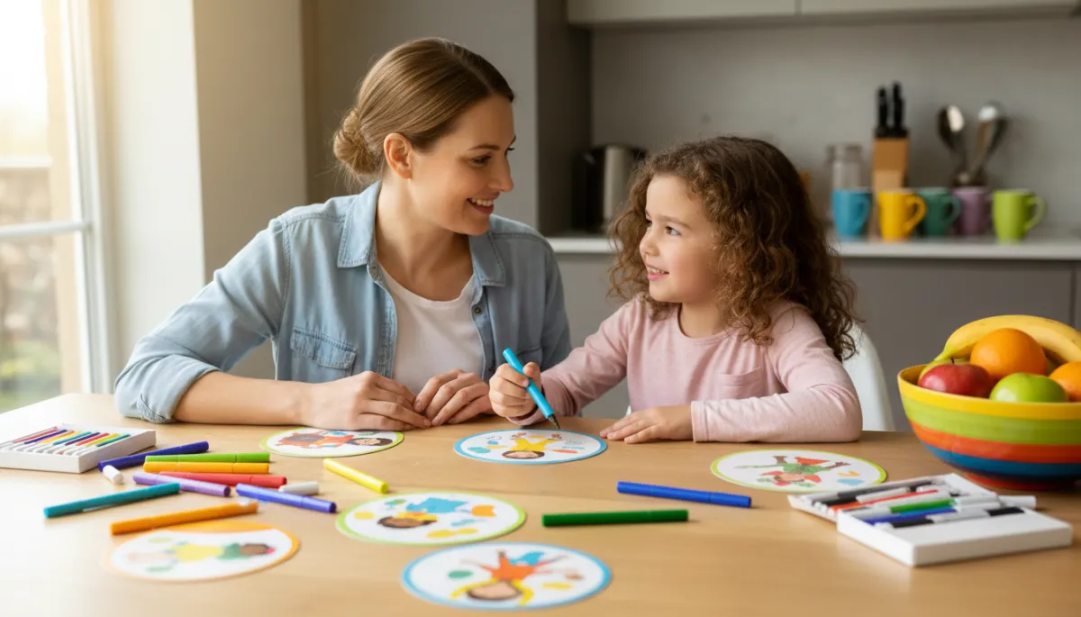 Caregiver and child using KidsCaregiver Companion cards at a colorful kitchen table Caregiver and child using KidsCaregiver Companion cards at a colorful kitchen table