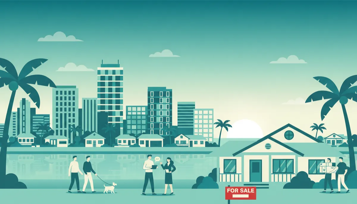 modern flat illustration of a vibrant Tampa Bay waterfront skyline at sunset with palm trees, mid‑rise condos, single‑family homes, and a For Sale sign in front of a cheerful Florida bungalow; clean vector lines using Midnight Aqua (#0c4852), Cool Mineral (#6f9398), Aqua Frost (#cbf7e4), and Ivory Cream (#faf4e5); diverse people casually walking dogs, chatting with an agent, and carrying moving boxes; modern, professional real estate feel with clear skies and calm water reflections