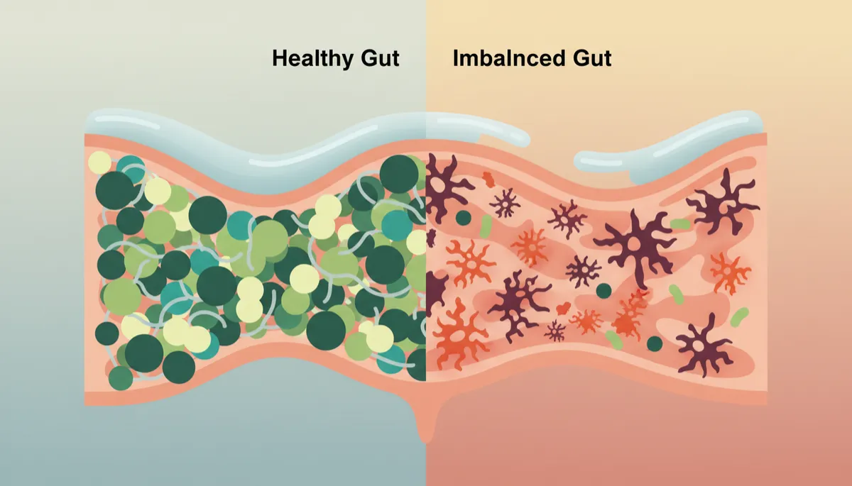 Illustration comparing healthy and imbalanced gut bacteria with mucus layer