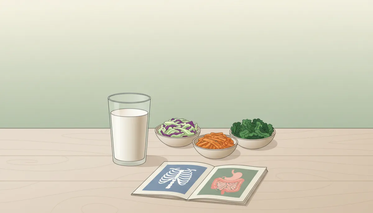 Fermented foods and greens arranged beside a simple diagram of gut and bones