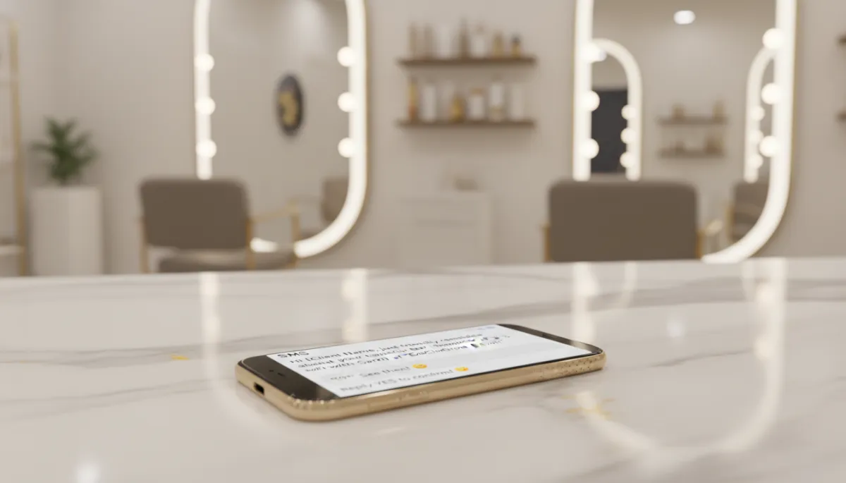 A close-up of a smartphone lying on a clean salon surface (marble or wood), with a clearly readable SMS notification on screen showing a friendly appointment reminder or booking confirmation message. In the soft background, out of focus, you can see the warm blur of salon mirrors, styling chairs, and golden lighting. The mood is calm, professional, and reassuring. Natural, authentic photographic feel — NOT over-styled or AI-looking. Subtle GoChuchuro gold (#D4AF37) tones in the phone case or surface. Landscape 3:2. Alt text: 