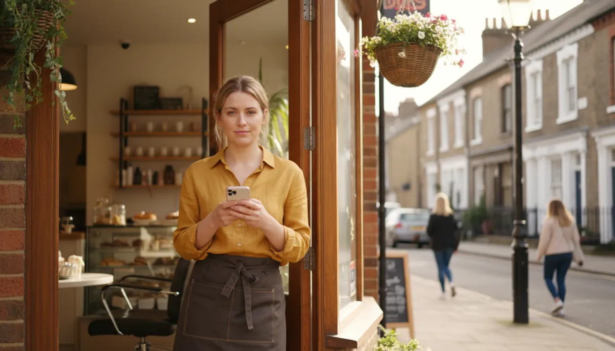A female UK small business owner looks at her phone with a thoughtful expression — GoChuchuro guide to staying visible in local search