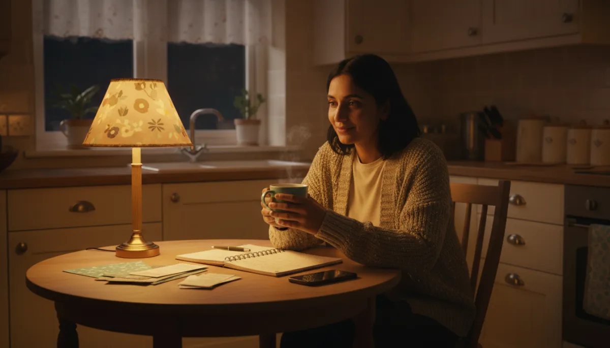Photorealistic South Asian or British local business owner sitting at a small kitchen table late at night in a cozy British kitchen, bathed in warm golden lamp light, holding a teal mug with an open notepad, pen, unpaid bills, and smartphone nearby, looking thoughtful and tired while worrying about finding and keeping local customers and managing the feast-or-famine cycle in their small business.