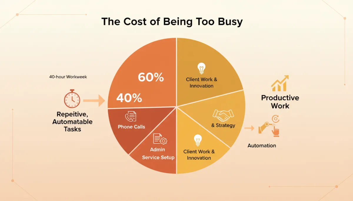A clean, modern infographic showing 'The Cost of Being Too Busy': Pie chart visualizing how an average small business owner's 40-hour workweek is divided, highlighting the 16 hours spent on repetitive, automatable tasks. Use warm, approachable colors and clear icons for tasks like phone calls, admin, service, and automation.