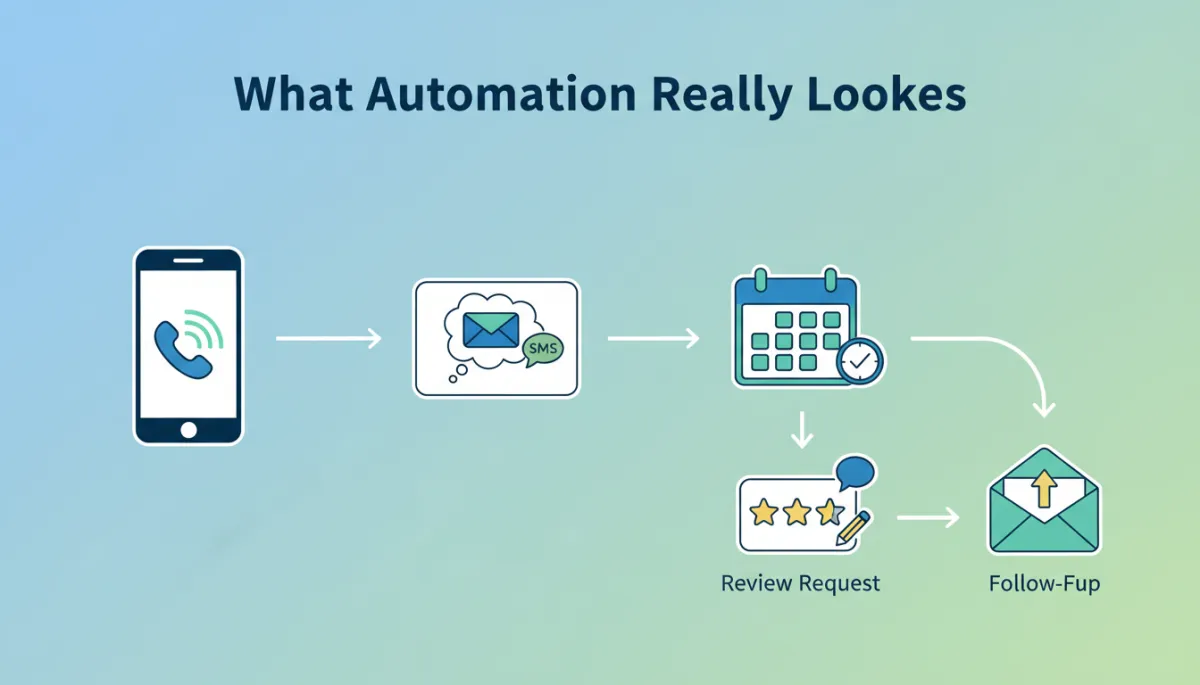 A simple process flowchart titled 'What Automation Really Looks Like': Icons for a ringing phone, automatic text message, booking confirmation, review request, and follow-up—arrows connecting each step to show how automation helps a typical small business (restaurant, salon, plumber).