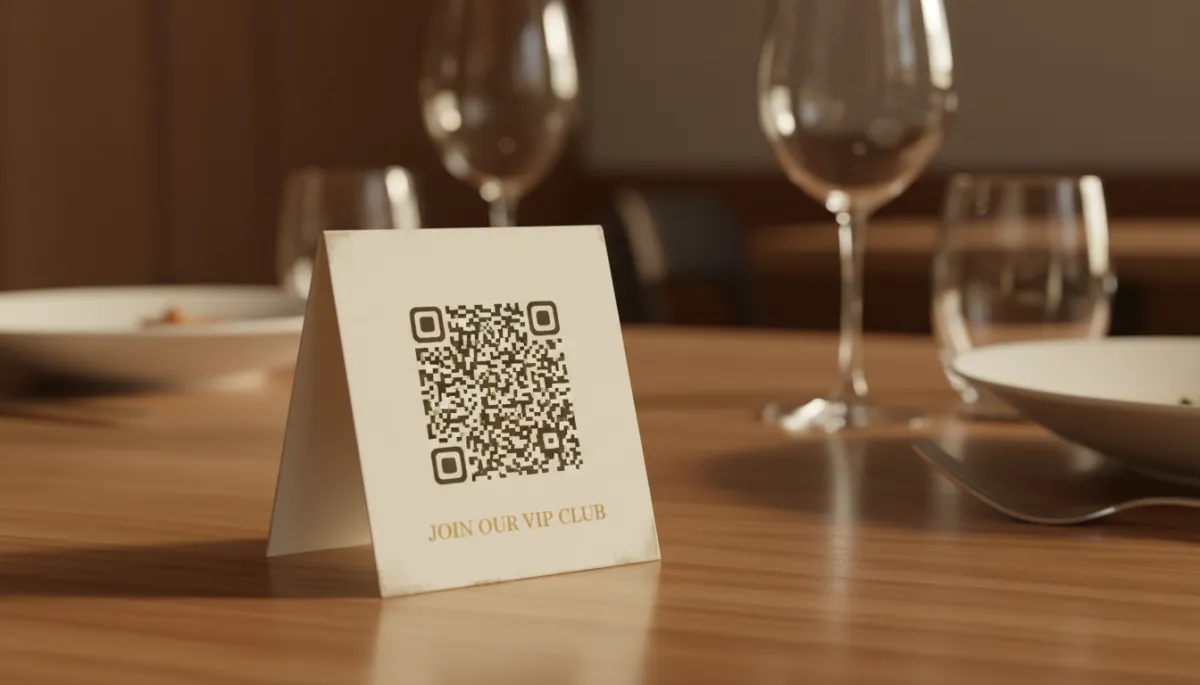 QR code VIP sign-up card on a restaurant table for small business customer data capture