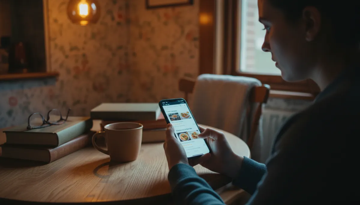 Person at kitchen table comparing local UK businesses on their smartphone Person at kitchen table comparing local UK businesses on their smartphone