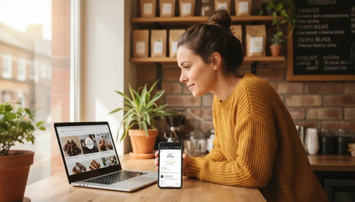 Small UK business owner reviewing their online presence on laptop and phone Small UK business owner reviewing their online presence on laptop and phone