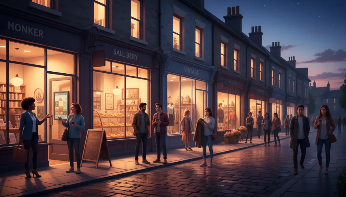 A photorealistic, high-quality image featuring a vibrant row of independent UK small businesses at dusk, warmly lit shopfronts inviting and bustling with subtle activity. Several diverse small business owners stand confidently outside their shops, while passersby and customers pause to check their smartphones, hinting at digital engagement. The scene conveys a sense of community, visibility, and modern growth opportunities, aligning with themes of digital transformation and support for local businesses. The atmosphere is welcoming and professional, with natural evening light and authentic urban details, perfect as a hero feature image for a business-focused blog. A photorealistic, high-quality image featuring a vibrant row of independent UK small businesses at dusk, warmly lit shopfronts inviting and bustling with subtle activity. Several diverse small business owners stand confidently outside their shops, while passersby and customers pause to check their smartphones, hinting at digital engagement. The scene conveys a sense of community, visibility, and modern growth opportunities, aligning with themes of digital transformation and support for local businesses. The atmosphere is welcoming and professional, with natural evening light and authentic urban details, perfect as a hero feature image for a business-focused blog.